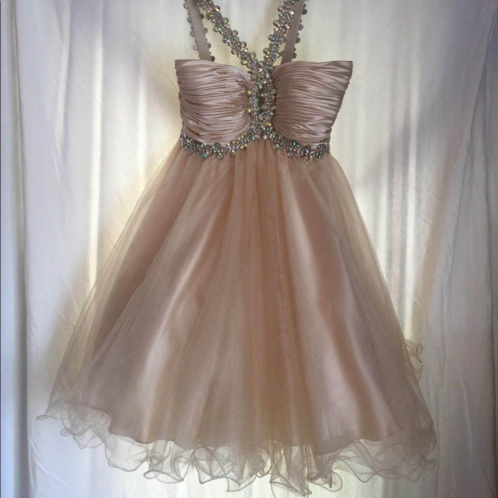 Night Moves Blush Pink Beaded Tulle Prom Dress